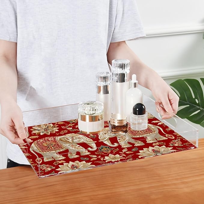 Serving Tray with Handles Clear Acrylic Tray 12x16 Inch Decorative Rectangular Tray Organizer for Ottoman Coffee Table Bathroom Red Retro Elephant Flowers