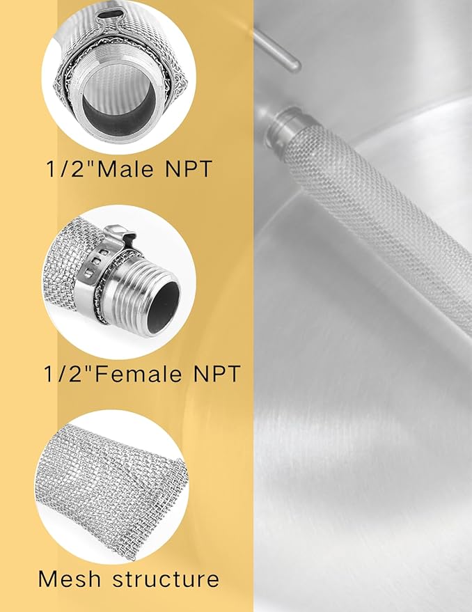 Stainless Steel Beer Filter, 12" pipe screens Boil Screen with Threaded Connection(1/2in Female Male NPT) for Homebrew Beer Brewing Equipment
