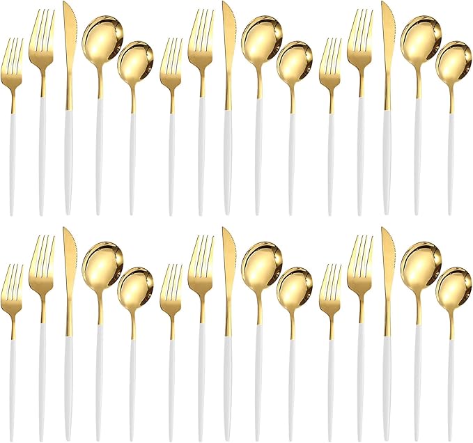 Kawlity Stainless Steel Serving Flatware Durable White & Gold Polished Knives Spoon Forks 30 Pcs Utensil Dinner Tableware, for Kitchen Dishwasher Adults and Children Ideal Gift