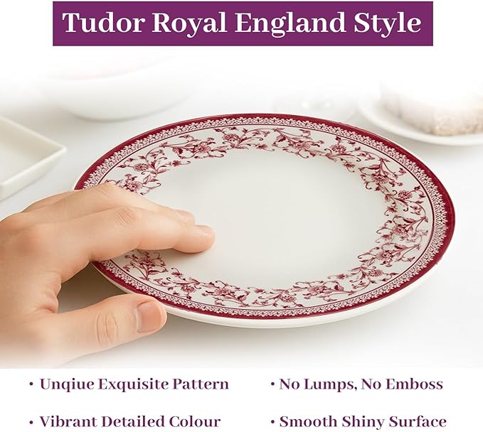 TUDOR Royal Collection 12-Piece Round Porcelain Dinnerware Set, Service for 4 with Dinner Plates, Bowls, and Salad Plates, Aster Pink Red Floral Design, High Gloss Finish, Durable & Premium Quality