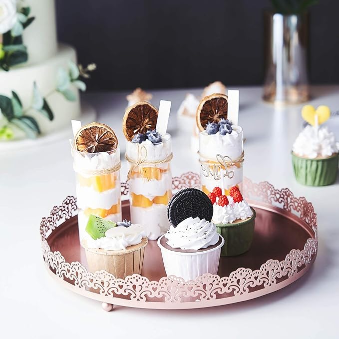 Plastic Round Premium Decorative Serving Tray with Embellished Rims - Rose Gold