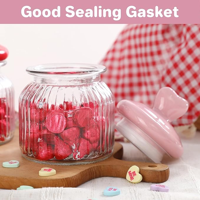 Valentines Day Decorations -2 PCS Glass Jars with Ceramic Heart Lid-Valentines Glass Storage for Chocolate Candy Sweets Gift Table Party Centerpieces Decor