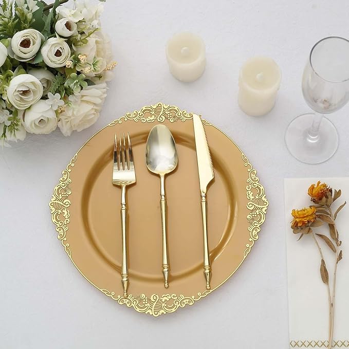 10" Dinner Plates -Set of 30 - Plastic Gold Round Baroque Disposable Chargers Leaf Embossed Rim, Ideal for Dinner Party Wedding Bulk Events