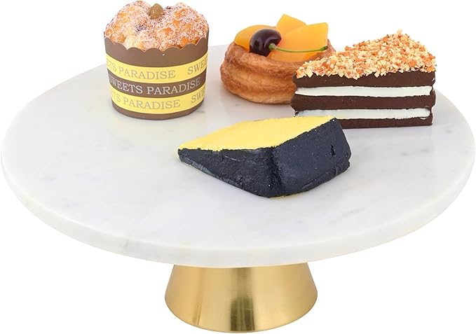 Cruiser’s Caché 12-Inch Marble Cake Stand | Natural White Marble with Gold Base | Round Dessert Stand, Cupcake Stand for Birthday Parties, Weddings, Baby Showers | White and Gold