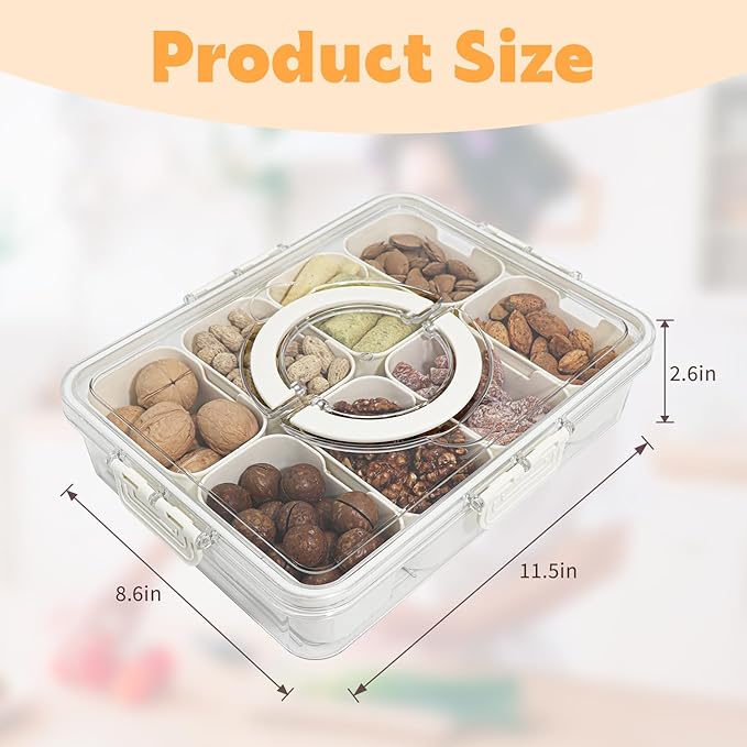 Divided Serving Tray with Lid and Handle,8 Compartments Snacks Box,Snack Fruit and Veggie Tray,Portable Platter for Candy Fruits Nuts Snack Party Entertaining Picnic (1 PCS)