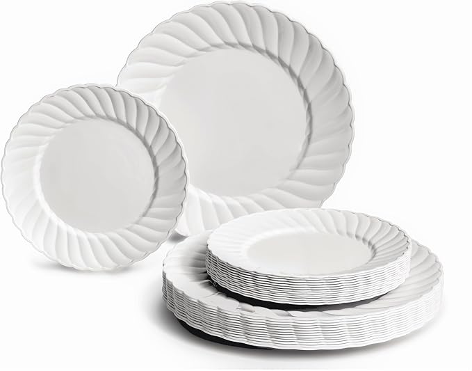 " OCCASIONS " 80 Plates Pack,(40 Guests) Premium Vintage Wedding Party Disposable Plastic Plates Set -40 x 10.5'' Dinner + 40 x 7.5'' Salad/Dessert(Blossom Plain White)