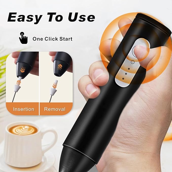 Rechargeable Milk Frother, Handheld Drink Mixer Electric Foam Maker for Coffee with Stainless Steel Whisk ＆ 3 Speeds, USB-C Coffee Frother Wand for Cappuccino, Latte, Matcha, Protein Powder (Black)