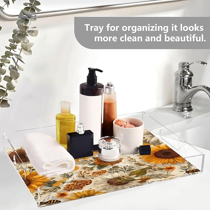 Serving Tray with Handles Clear Acrylic Tray 12x16 Inch Decorative Rectangular Tray Organizer for Ottoman Coffee Table Bathroom Beige Bees Sunflowers Daisy