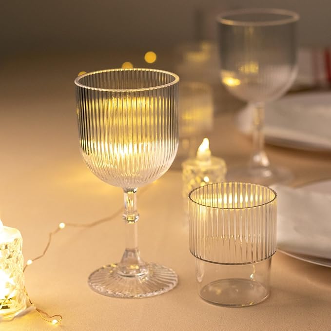 TCF Linen 12 Pack Clear Plastic Tumblers, 7oz Stackable Ribbed Reusable Shatterproof Short Drinking Glasses, Elegant Origami Design for Weddings Parties Catering Cocktails