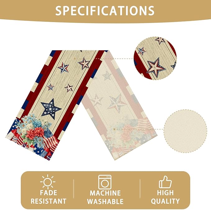 American Flag Flower Table Runner Seasonal Holiday Kitchen Dining Linen Table Decoration for Indoor Outdoor Home Party Decor 13 x 72 Inch