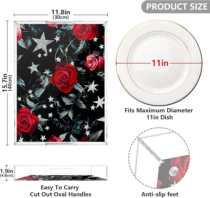 Clear Serving Tray with Handles Silver Stars Red Roses Acrylic Tray for Bed 12 x 16 Spill-Proof decoración