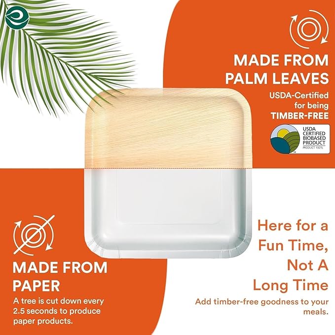 ECO SOUL Palm Leaf Disposable Bamboo Plates 10" Square Compostable & Biodegradable Party Plates for Christmas Dinner, Weddings, Parties & Events 50 Count
