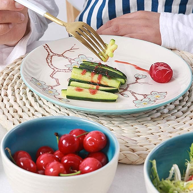 Ceramic 28-Piece kitchenware Set Household Ceramic Dinner Plate Sets Creative Plum Pattern Tableware Dinnerware Sets, Service for 6 Ceramic Dinner Pla