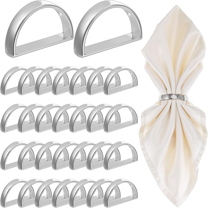 30pcs Napkin Rings, Semicircle Sturdy Metal Napkin Holder Buckles Elegant Spring Fall Thanksgiving Christmas Decor for Family Dinner Easter Table Settings Wedding Birthday Banquet Party(Silver)