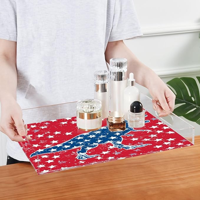 Serving Tray with Handles Clear Acrylic Tray 12x16 Inch Decorative Rectangular Tray Organizer for Ottoman Coffee Table Bathroom Red T-rex and Us Flag Stars