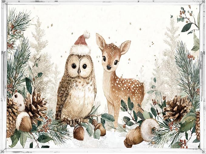 Serving Tray with Handles Clear Acrylic Tray 12x16 Inch Decorative Rectangular Tray Organizer for Ottoman Coffee Table Bathroom White Christmas Deer Owl Pinecorns Leaves