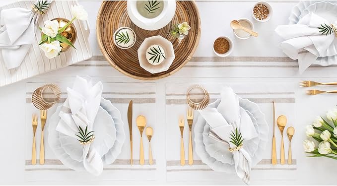 Solino Home Linen French Stripe Cloth Placemats Set of 6-100% Pure Linen Natural and White Placemats 14 x 19 Inch for Holiday, Winter