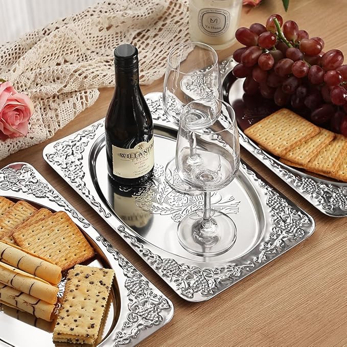 4-Pack Silver Serving Trays Set - ZENOVLUX Vintage Floral Engraved Mirror Decorative Tray, 13.8" x 8.7" Party Platters for Whiskey, Cookies, Charcuterie, Snacks, Desserts, Fruit, Party Food Display