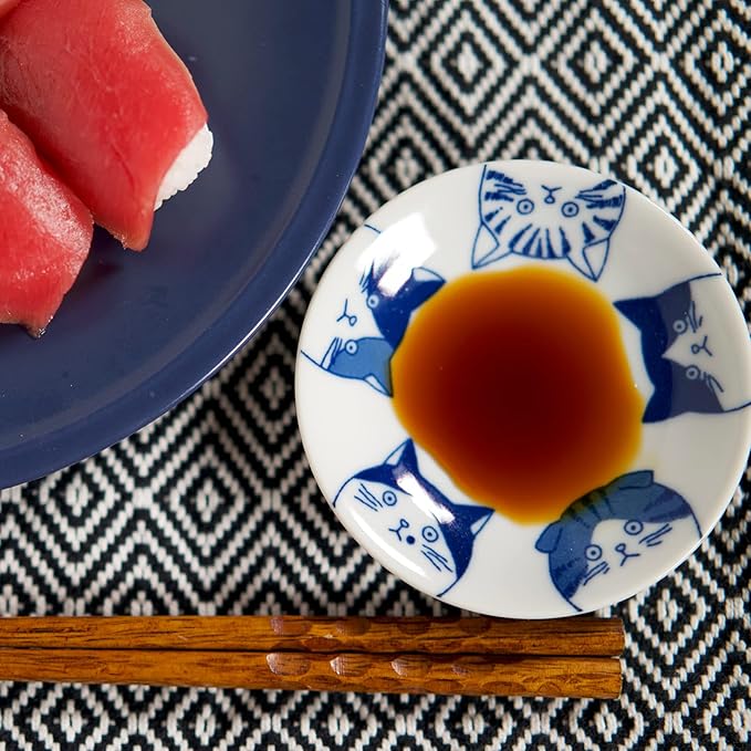 Japanese Cat Design Ceramic Small Plates - Set of 4 - Great for Sushi, Dips, & Desserts, Cat Quintet