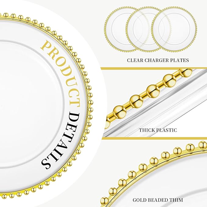 16 Pcs Clear Charger Plates with Beaded Rim 13 Inch Acrylic Gold Beaded Charger Plates Bulk for Wedding Party Dinner Birthday Table Events Decoration