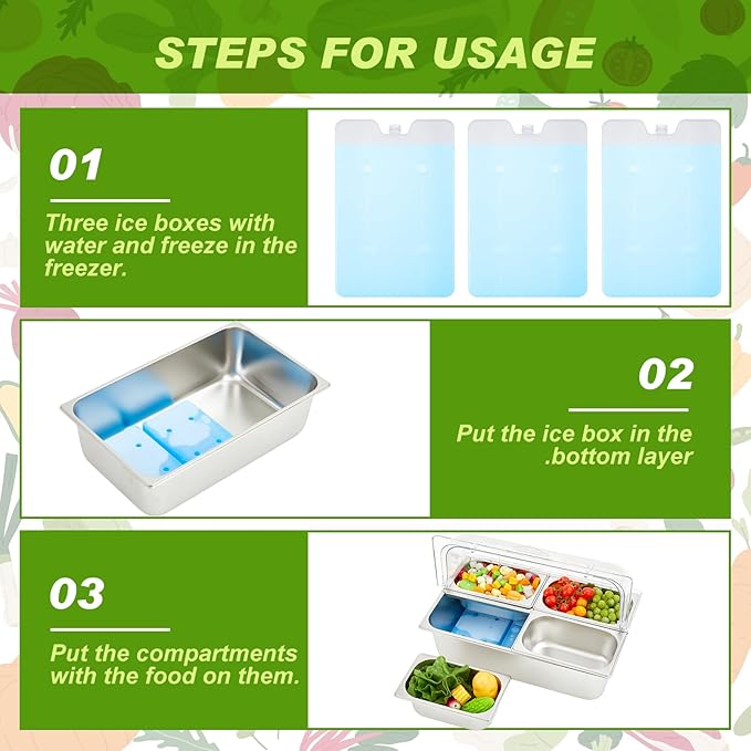 Tessco for you 16 Pcs Ice Food Spice Serving Display Countertop Chilled Condiment Container Set with Lid, Stainless Steel Salad Cold Caddy for Buffet Restaurant Kitchen Party(4 Compartments)