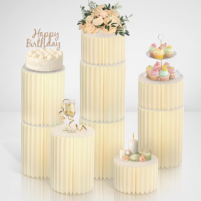 Stacking-Block Design Cake Stands for Party, Customizable Height, Sturdy Cardboard Column with Acrylic Plate, Reusable Round Cylinder Stands for Party for Birthday, 9PCS, Milky White