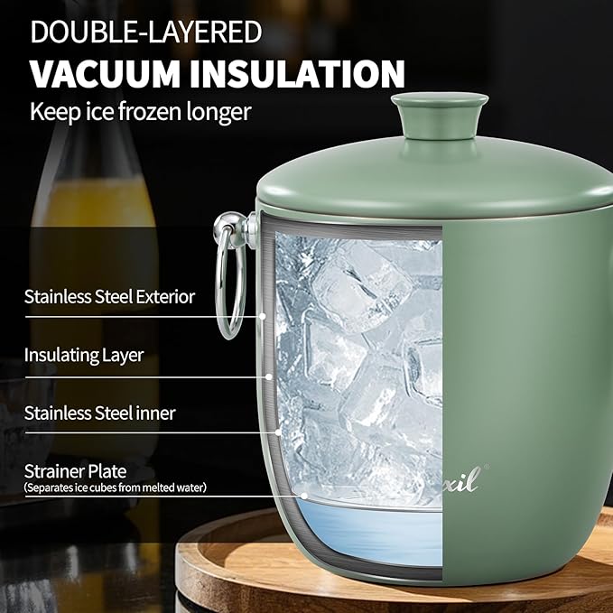Ice Bucket - 3L Large Ice Bucket for Parties & Cocktail Bar, Stainless Steel Ice Cooler with Lid & Tongs, Retro Style Ice Bucket for Freezer & Drinks