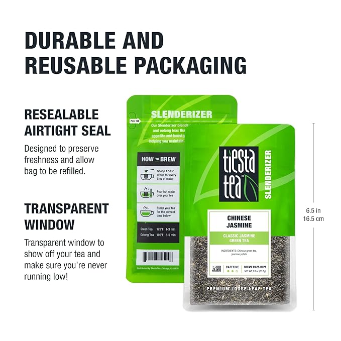 Tiesta Tea - Chinese Jasmine, Loose Leaf, Classic Jasmine Green Tea, Premium Blend, Medium Caffeinated Green Blend, Make Hot or Iced & Brews Up to 25 Cups, 1.8 Ounce Resealable Pouch