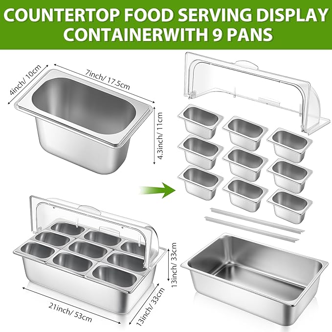 Countertop Food Serving Display Container and Clear Roll Top Cover Stainless Steel Food Serving Tray Buffet Condiment Dispenser Display Rack for Restaurant Hotel Kitchen Party (9 Pan)