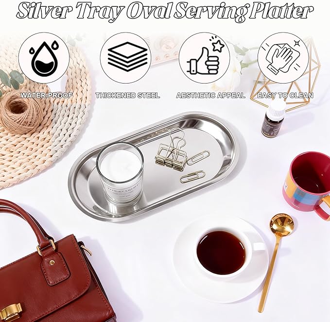 Silver Tray 2 Pack Stainless Steel Decorative Tray 7 in Vanity Tray Jewelry Dish Tea Fruit Cosmetics Clutter Storage Dish Plate Bathroom Kitchen Table Serving Platter,Oval,Silver
