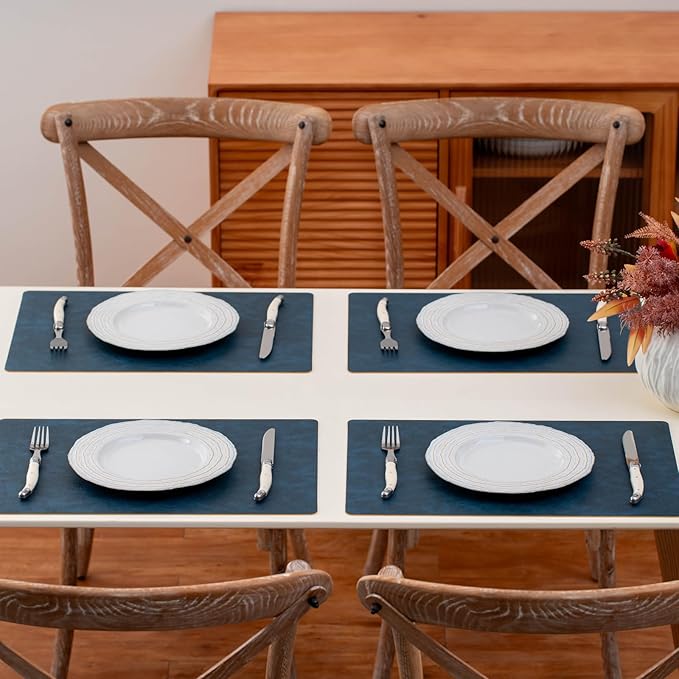 Placemats Set of 4 Reversible Dual-Color Table Placemats, Faux Leather 100% Waterproof Oil-Proof Wipeable Place Mats, Heat Resistant Dual Sided Table Mats for Kitchen/Dining/Party (Blue&Yellow