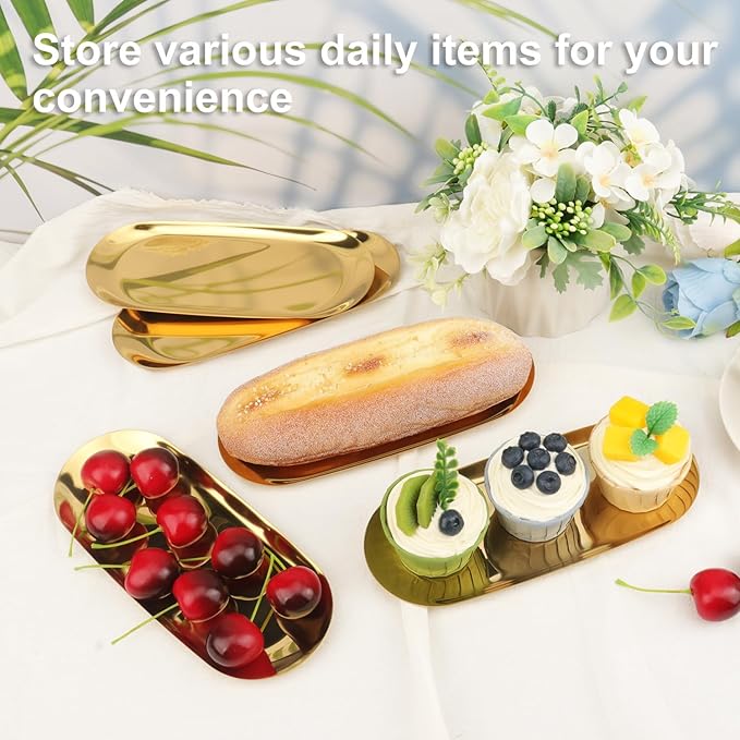 8 Pack 9 Inch Oval Stainless Steel Decorative Tray, Stainless Steel Tea Fruit Tray, 9 inch Gold Oval Trays for Bathroom Vanity, Jewelry, Perfume & Key Organizer (Gold)