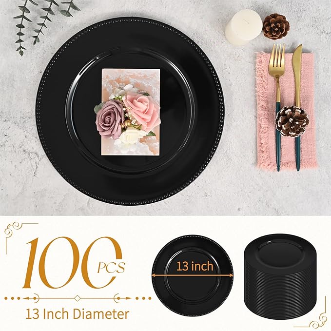 fani 100 Pcs Black Charger Plates Bulk, 13'' Round Beaded Dinner Charger Plates, Plastic Reusable Vintage Table Decoration for Wedding, Party, Reception, Event, Holiday Supplies