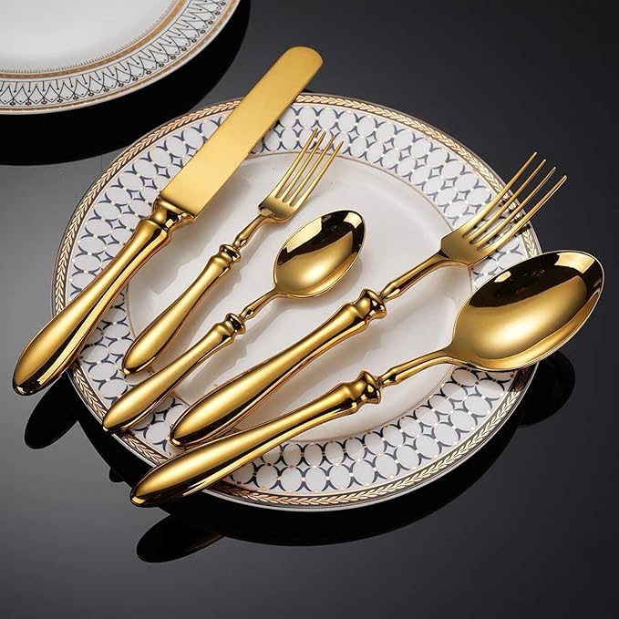 Gold Silverware Set for 10 Flatware Luxury 50 Piece German Gold Utensil Sets 18/8 Stainless Steel Cutlery Set for Kitchen Include Fork Knife Spoon Tableware Fit Hotel Banquet Christmas Essentials