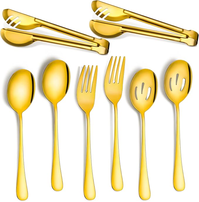 Patelai 8 Pcs Gold Stainless Steel Serving Utensils Set 8.7" Large Spoons and Slotted Spoon 9.45" Tong 9" Forks Flatware Wedding Valentine's Day Holiday Party Buffet Banquet Cooking Kitchen Catering