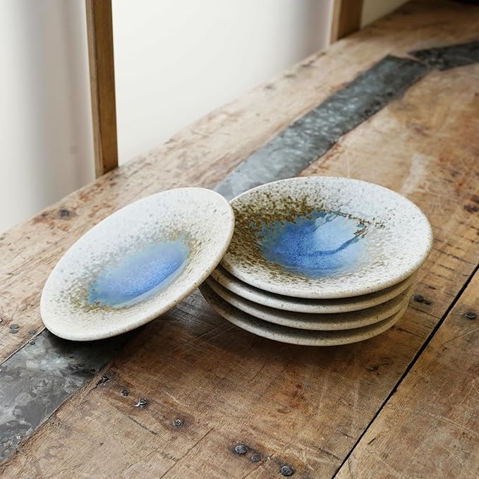 Mino Ware Ceramic Plates Set of 5, 5.5-Inch Japanese Small Appetizer & Dessert Dishes, Handcrafted Blue Watercolor Glaze Design, Microwave & Dishwasher Safe, Made in Japan