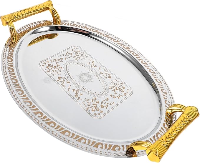European Style Oval Stainless Steel Serving Tray for Fruit Snacks Desserts Vintage Design for Home Restaurant Use Silver with Gold Rim