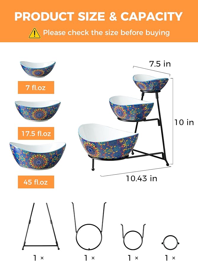 YHOSSEUN 3 Tier Serving Bowls, Tiered Serving Platter and Trays Serving Dishes for Entertaining, Oval Serving Bowl Set with Metal Stand