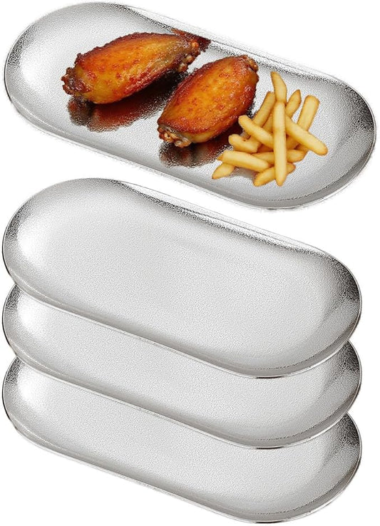 7X3 inch ellipse Appetizer Plates,thick stainless steel Dinner Plates, Pasta Dessert Plates for Sushi, Fruit oven/Dishwasher Safe, Set of 4,silver