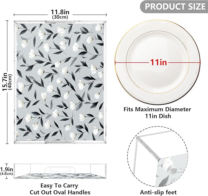 Serving Tray with Handles Clear Acrylic Tray 12x16 Inch Decorative Rectangular Tray Organizer for Ottoman Coffee Table Bathroom Light Gray Tulip Flowers