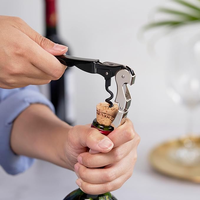 True Truetap Double Hinged Waiter's Corkscrew Wine Opener, Stainless Steel Wine Bottle Opener with Built In Foil Cutter, Home Bar Tools, Bar Cart Accessories, Wedding Gifts, Set of 1, Black Silver