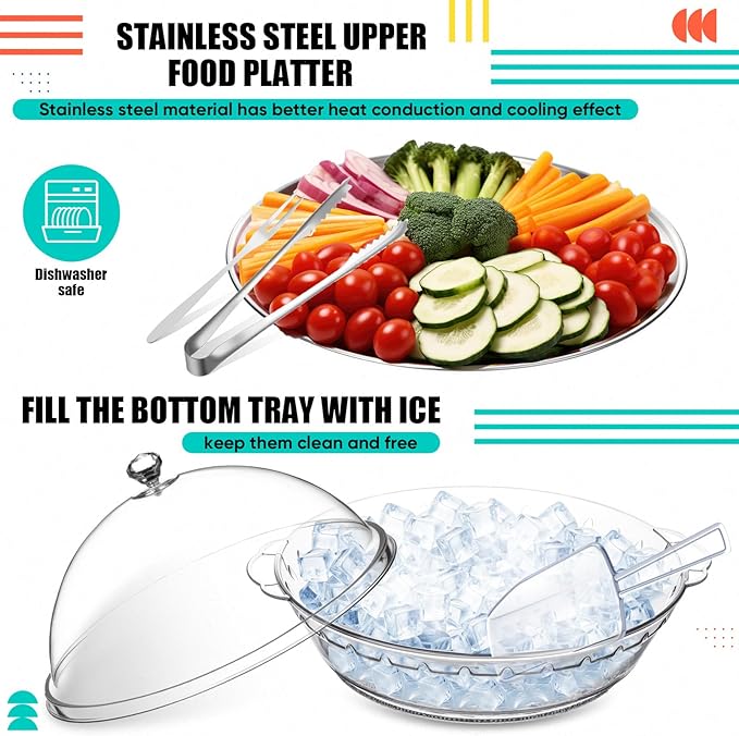 Baderke 11.8" Chilled Serving Tray for Parties with Compartments and lid Ice Chilled Party Platter Charcuterie Serving Board Cold Dish Dip for Fruit Seafood Vegetable Shrimp Cocktail(Silver,1 Pcs)