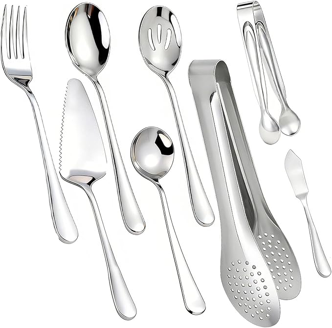 8 Pcs Stainless Steel Serving Utensil Large Spoons Forks Tongs, Ice Suger Tongs, Cake Server，Butter Knife for Hostess Buffet Catering Banquet Party，Silver