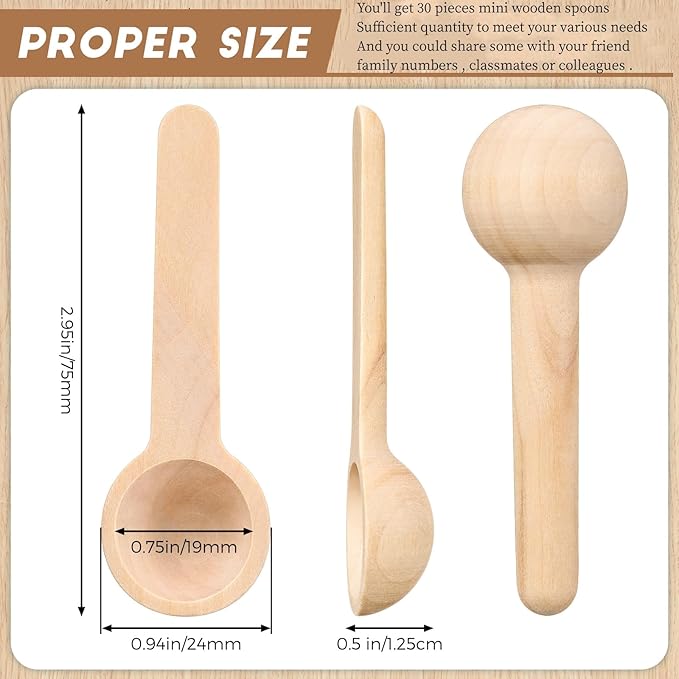 Patelai 30 Pieces Mini Wooden Spoons Bulk 3 Inch Small Condiments Tiny Jars Spoons for Coffee Condiment Honey Teas Sugar Kitchen Cooking Bath Salt (Cute Style)