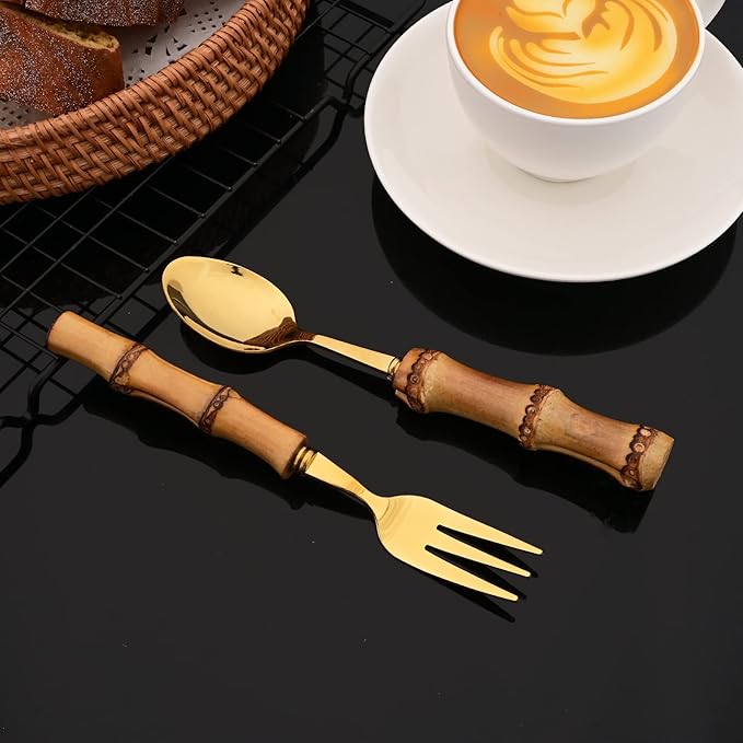 JASHII 30pcs Bamboo Handle Silverware Set, 304 Stainless Steel Gold Flatware Set, Service for 4, with 2pcs Serving Spoons.Mirror Polished, Reusable Bamboo Cutlery Set for Home Party