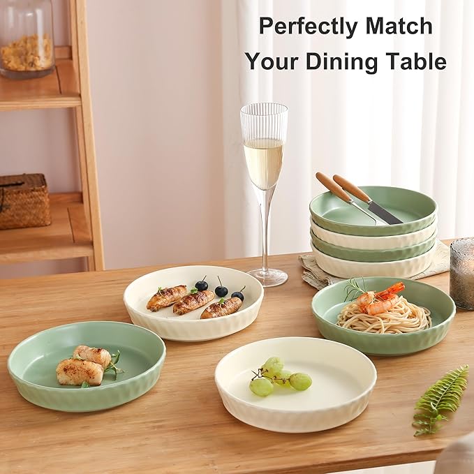 Dinner Plates Set of 4, 8 Inch Ceramic Salad Plates With High Rim for Pasta, Salad, Steak and Main Course, Microwave, Oven and Dishwasher Safe - Green