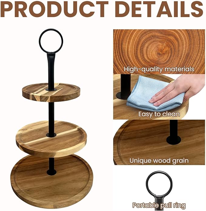 1 Pcs Wood Dessert Tray, 3 Tier Round Cupcake Stand, Wood Tiered Serving Tray Cupcake Tower, Large Acacia Wood Dessert Display for Home Tea Party, Wedding, Farmhouse, Kitchen Decor