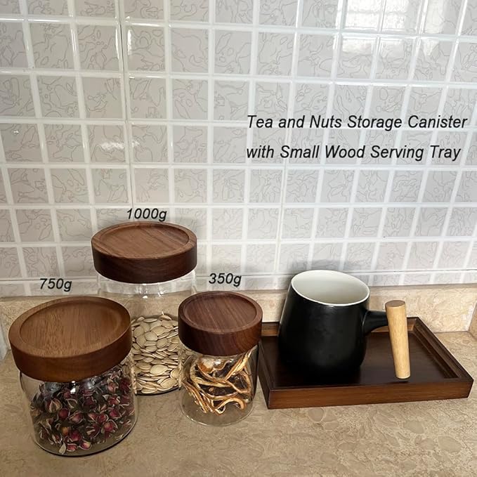 Clear Glass Storage Canister with Airtight Wooden Screw Lid 25oz/750g 2 PACK with Tray,Decorative Container Jar for Coffee,Spice,Candy,Salt,Cookie,Condiment,Pepper,Sugar,Overnight Oatmeal