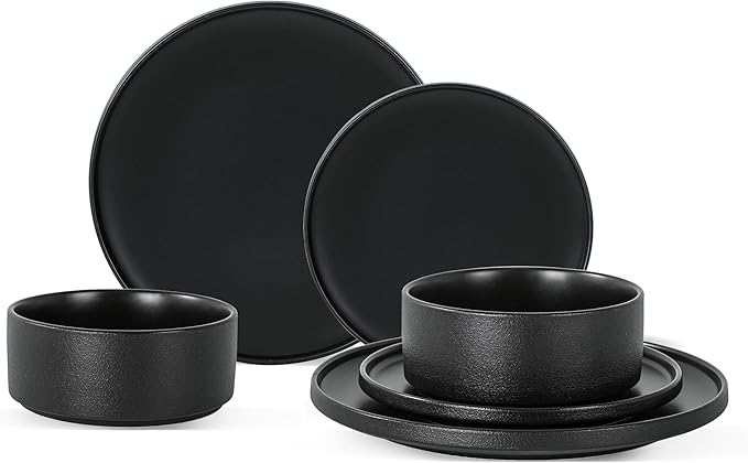 Plates and Bowls Sets, 6 Piece Ceramic Dinnerware Set for Family and Gatherings, Dishes Set for 2, Dishwasher & Microwave Safe, Handcrafted Stoneware Sets, Modern Black