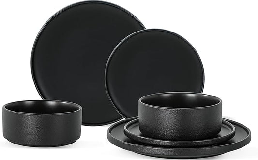 Plates and Bowls Sets, 6 Piece Ceramic Dinnerware Set for Family and Gatherings, Dishes Set for 2, Dishwasher & Microwave Safe, Handcrafted Stoneware Sets, Modern Black